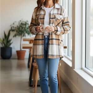 Casual Plaid Button Down Shirt - Brown and White